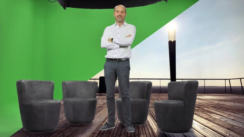 Live Streaming Studio in Grün und mit virtuellen Hintergrund.